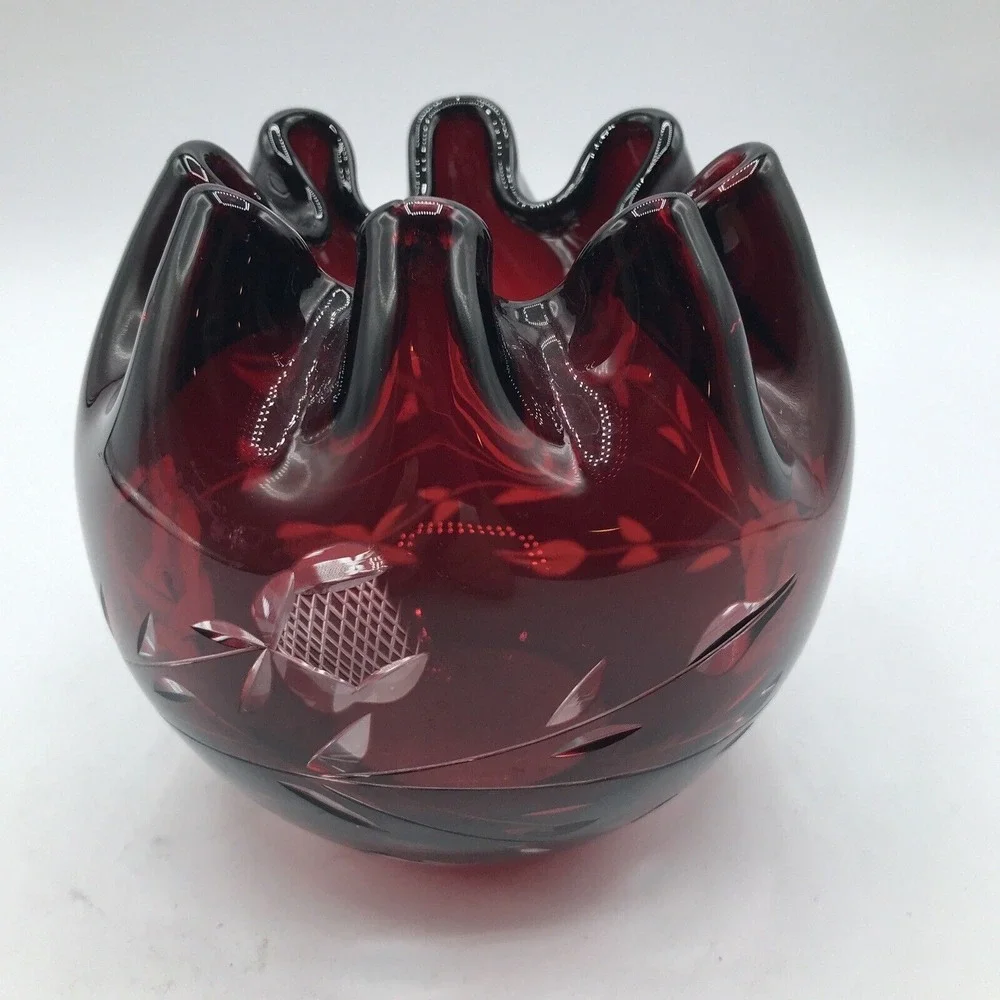 Ruby Red Cut to Clear Rose Bowl Ruffle Edge - Picture 2 of 7